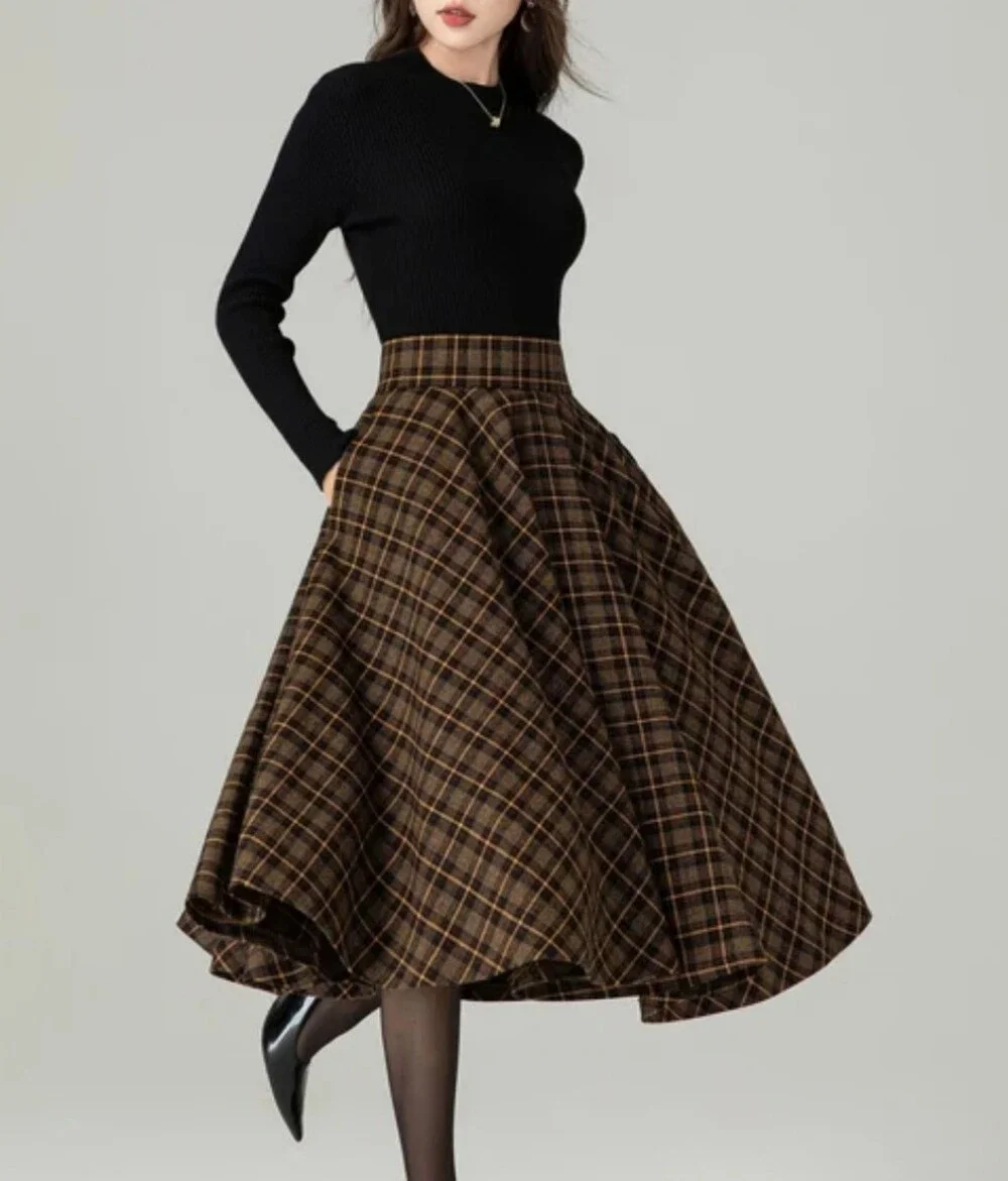 Women's Cotton Black, Golden Brown Plaid Asymmetric Handkerchief Hem Skirt